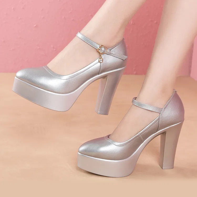 银色模特旗袍小码真皮跟走秀鞋女粗跟t台防水台一字扣单鞋高跟鞋