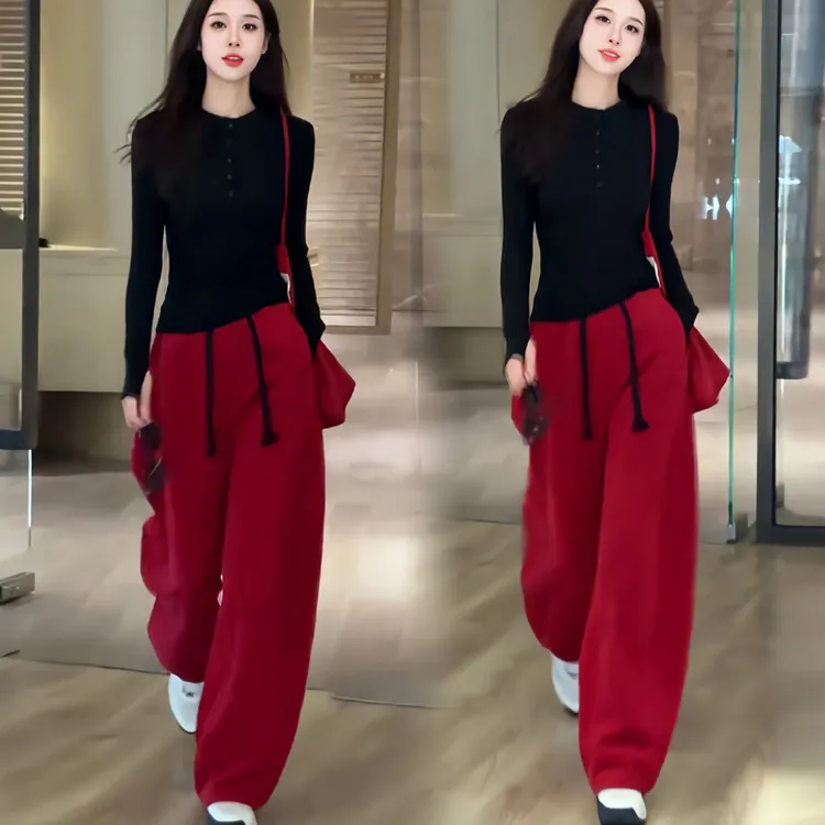 休闲运动套装女修身秋季新款长袖T恤上衣短款时尚阔腿裤两件套潮