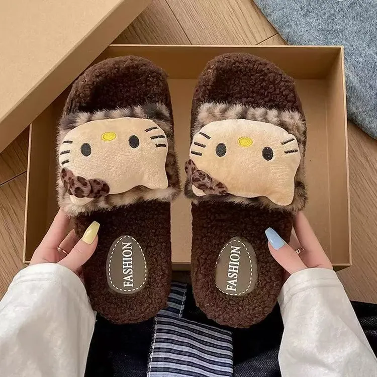 可爱kitty豹纹毛毛拖鞋女生秋冬季外穿保暖家居棉拖鞋防滑一字拖