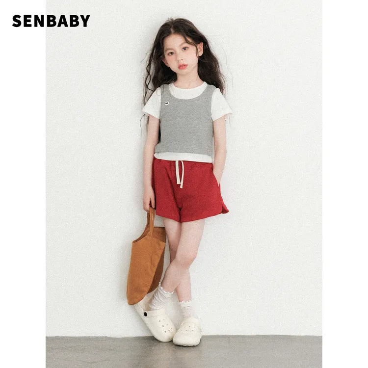 【现货】senbaby女童短袖休闲韩版撞色设计夏季新款圆领假两件T恤