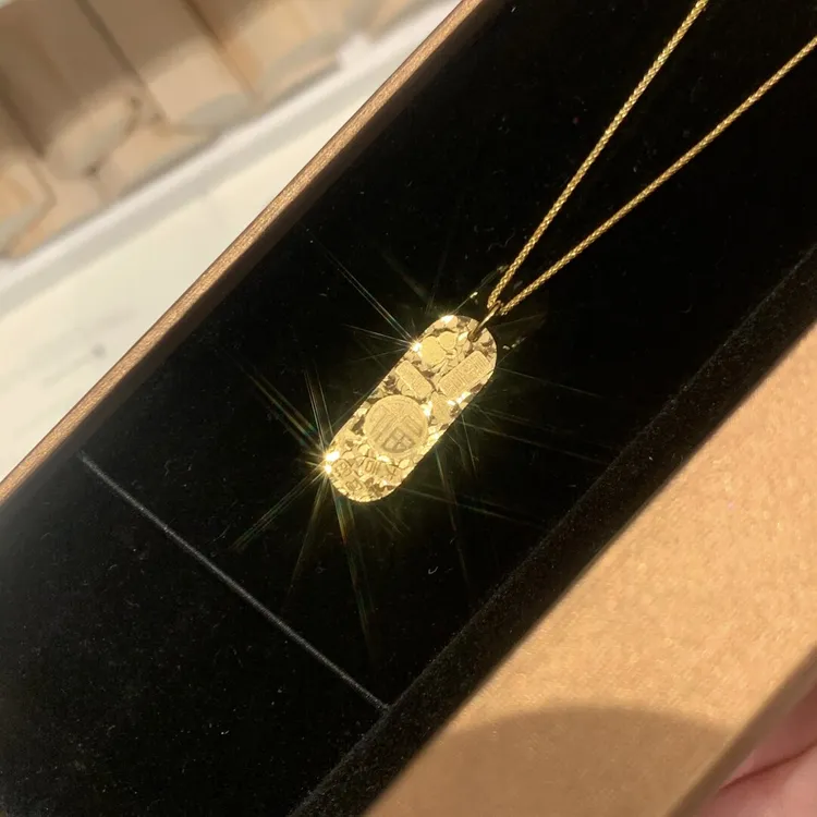 铜合金项链 国潮风碎冰冰吉言福牌招财进宝金色百搭不掉色女坠链