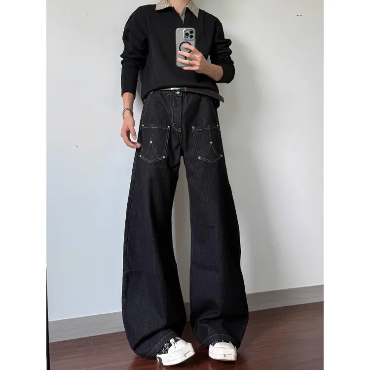 美式绿松石撞钉弯刀原牛牛仔裤男高街ins潮流直筒微喇长裤裤子女