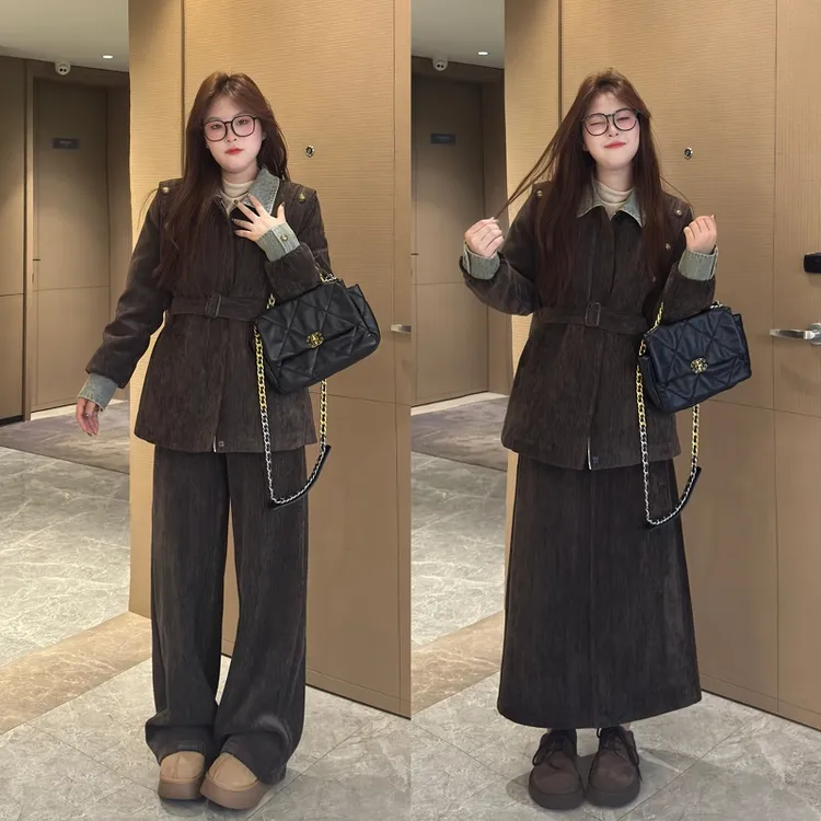 南岛风大码女装秋冬收腰美拉德加绒外套胖mm长裤宽松套装ZYY1315