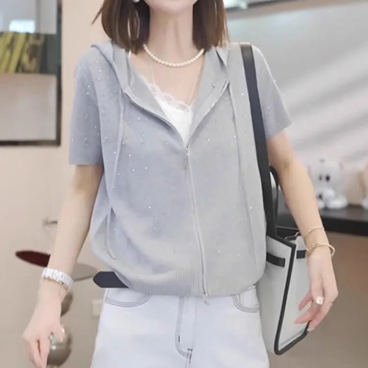 时尚重工连帽针织开衫大码微胖MM夏季镶钻设计短袖帽衫外套-7298