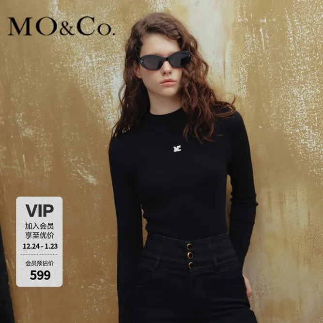 MOCO冬季MC刺绣半高领修身百搭套头打底针织衫黑色毛衣MBC4SWTT04