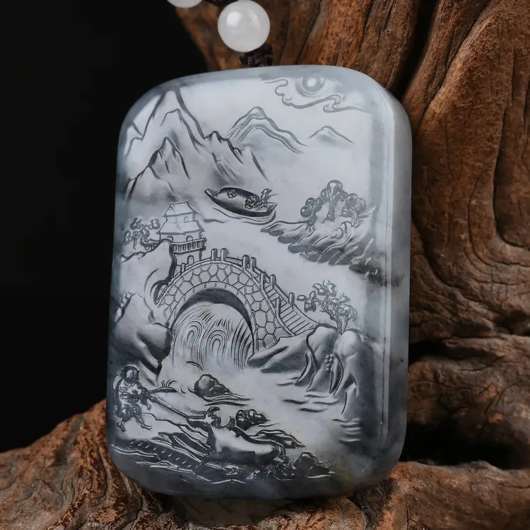 天然和田玉青花籽山水意境吊坠男女款玉石项链挂件山水牌玉坠玉佩