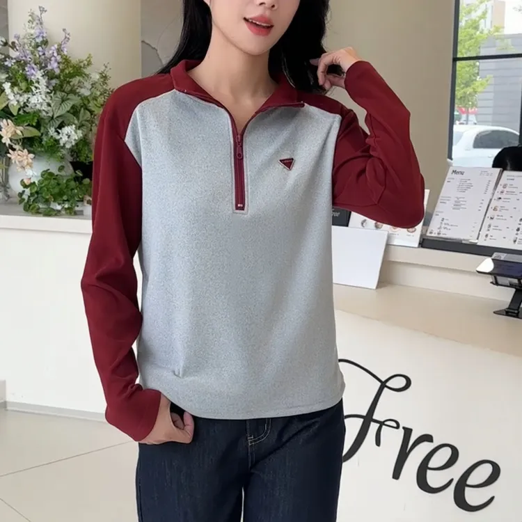 秋冬卫衣女气质显瘦洋气德绒立领拼色半拉链上衣2025新款韩版长袖