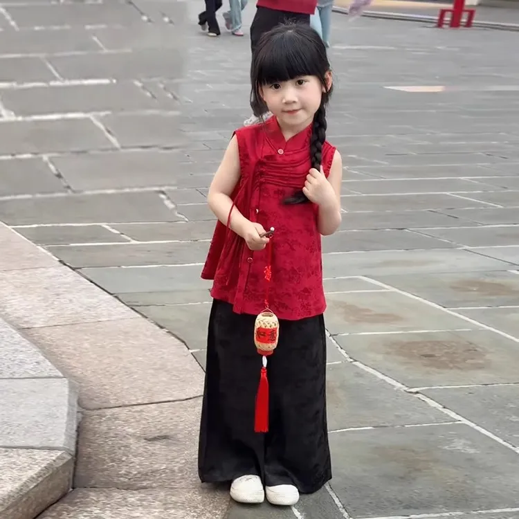 女童套装新中式国风红色无袖上衣2025夏季新款儿童女孩唐装两件套