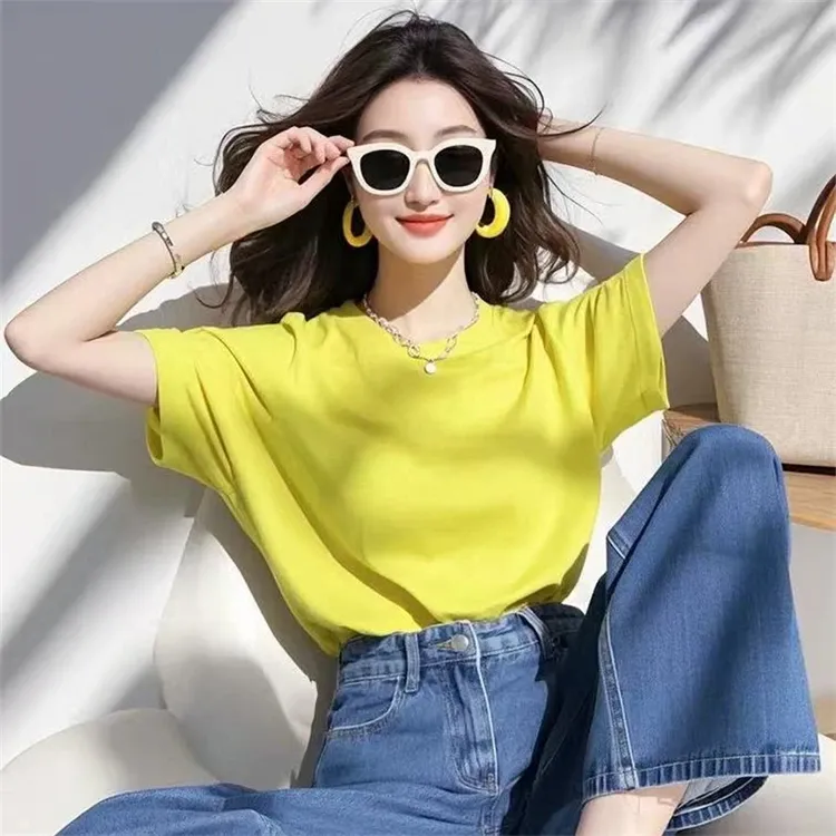 夏季短袖不规则显瘦圆领纯色韩版宽松时尚气质短款正肩T恤少女风