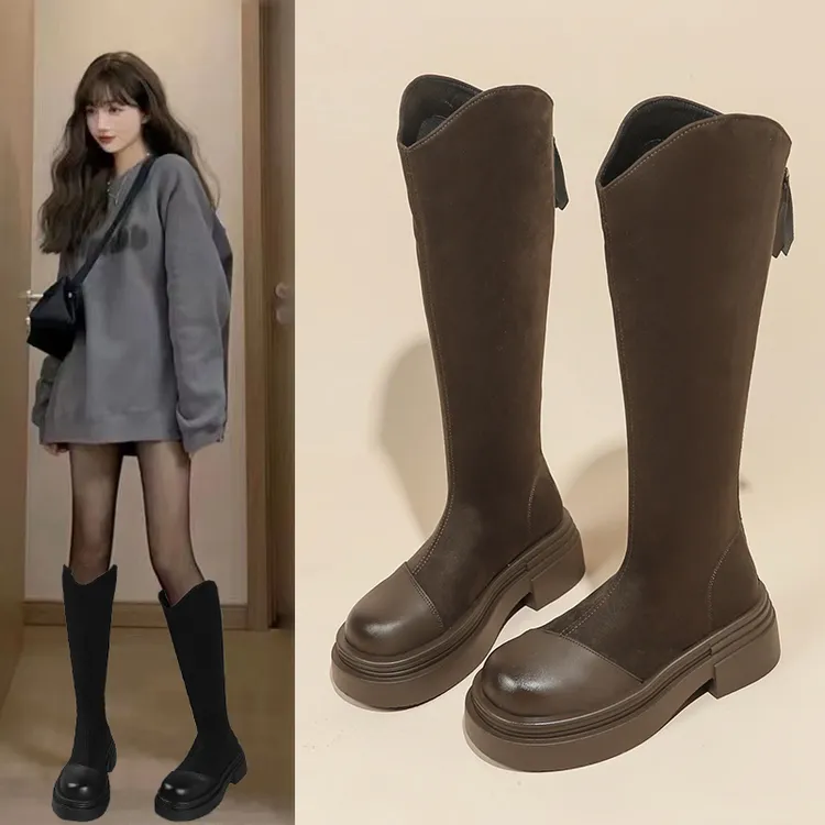 2025新款靴子弹力靴秋冬厚底长靴长筒过膝骑士复古拼接弹力瘦瘦靴