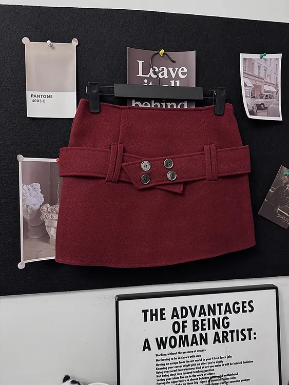 辣妹时尚显瘦腰带半身短裙秋冬季新款A字版型腰带设计气质短裙