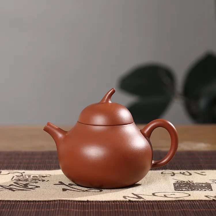 潮州功夫茶手拉壶朱泥茄瓜家用泡茶壶陶壶三杯工夫茶壶朱泥手工壶