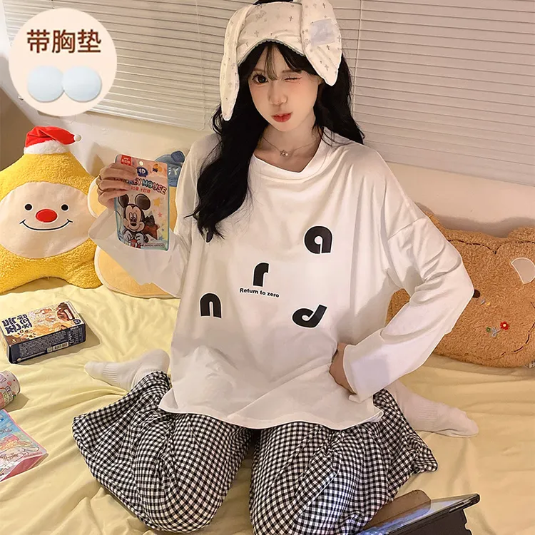 睡衣女孩带胸垫春秋季长袖初中生大童薄款防凸点可爱卡通少女学生