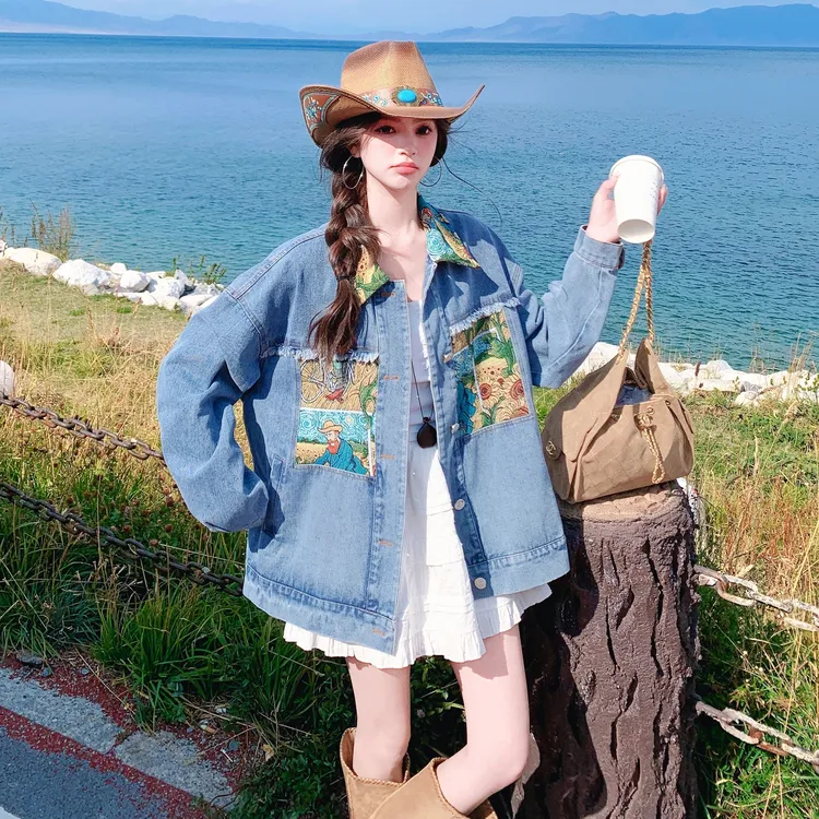 时尚休闲风俏皮减龄上衣女2025春秋新款设计感油画印花牛仔外套