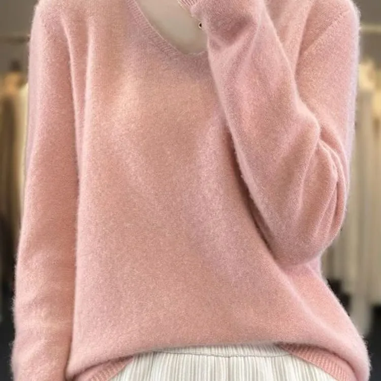 毛衣纯色加厚成衣秋冬季打底衫女V一线羊毛领宽松针织衫套头亮丝