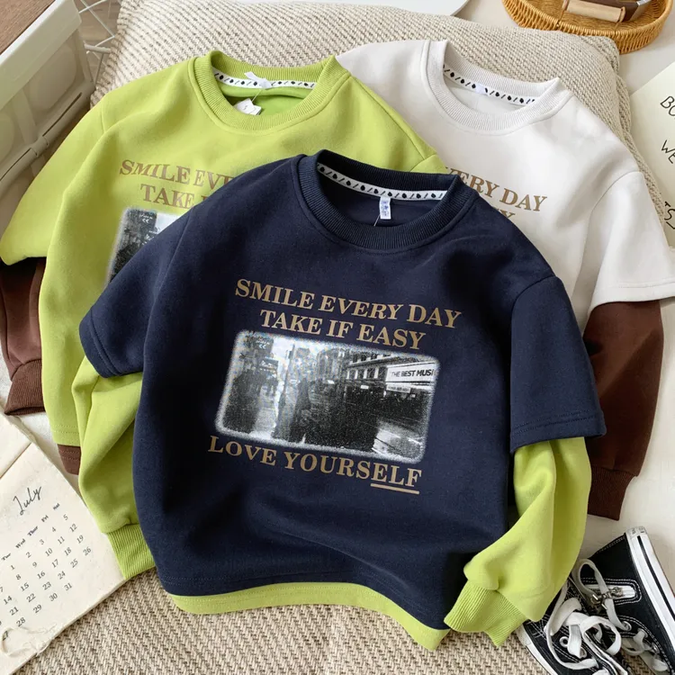 男童卫衣春秋2025新款儿童假两件印花百搭卫衣宝宝圆领