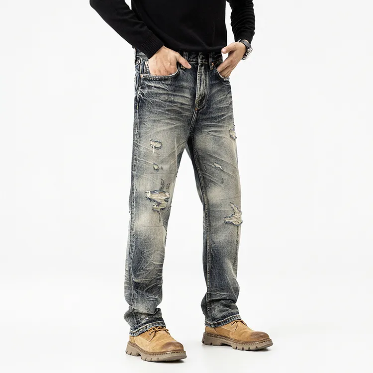 秋季新款水洗刮烂破洞牛仔裤男宽松微锥潮流痞帅补丁乞丐直筒裤子