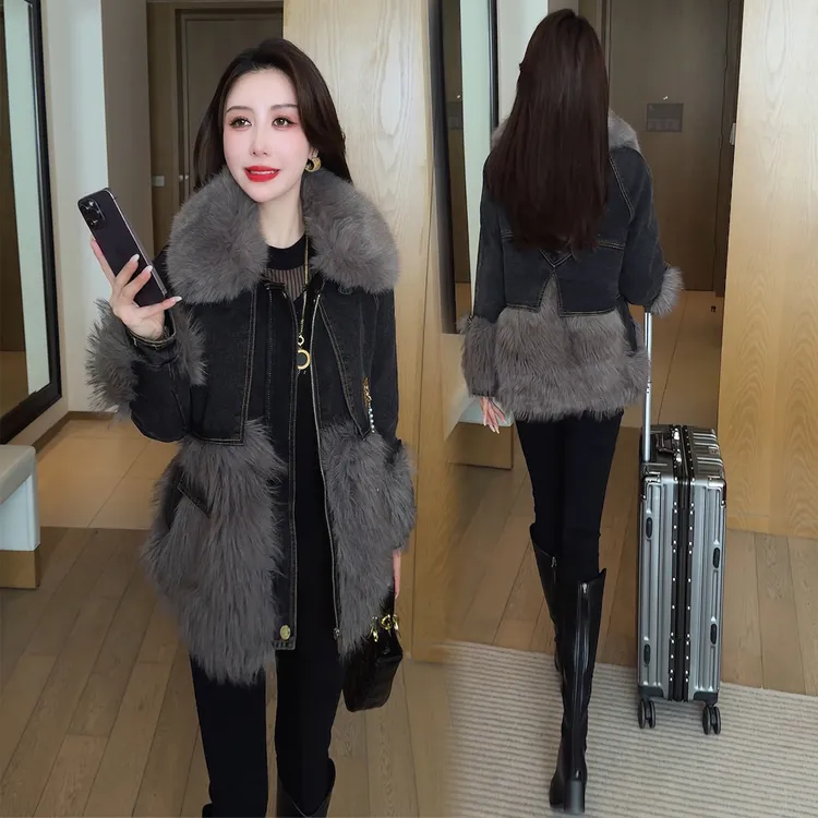 时尚牛仔皮草拼接棉服女2025冬季新款棉衣洋气派克服保暖外套