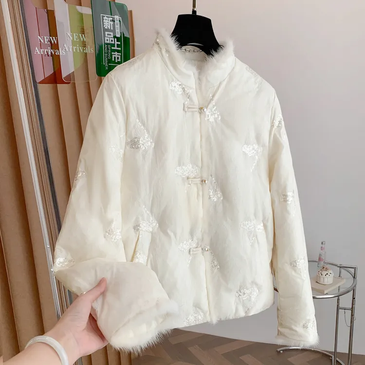 D999-3257【白雪】新中式国风毛毛外套女冬季轻奢重工刺绣加厚棉服