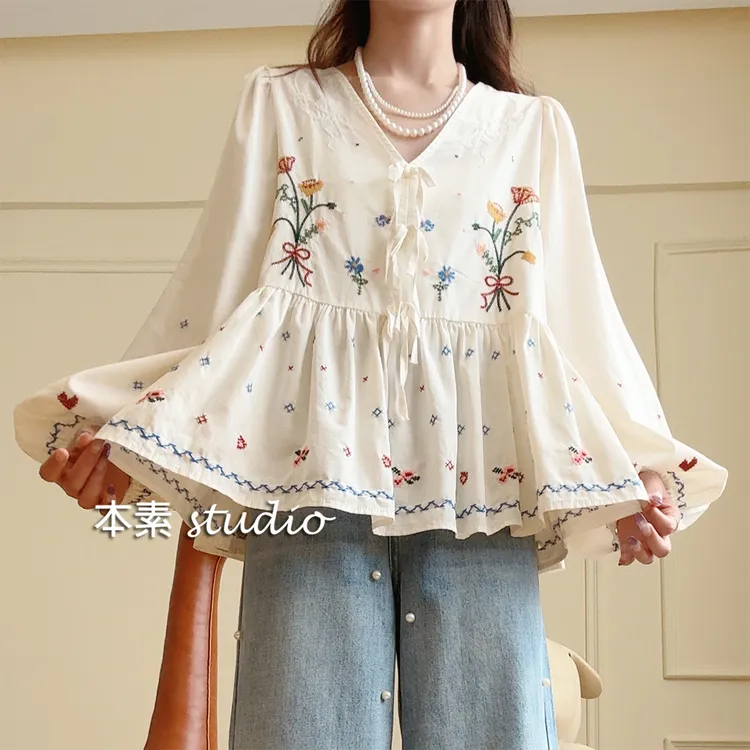 爱丽丝梦境-长袖Y3024刺绣蝴蝶结V领衬衫