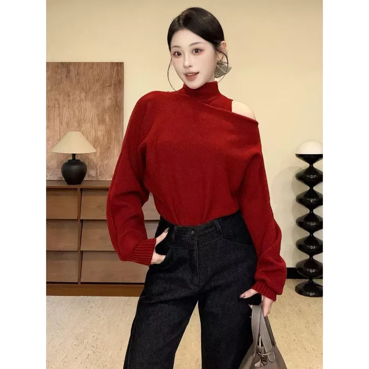 半高领背心一字肩针织衫女秋冬新款高级感时髦气质百搭两件套