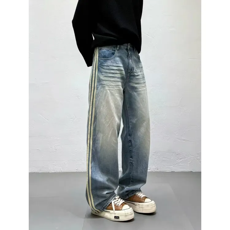 557蓝牛男士三条杠直筒高弹力牛仔裤夏季新款高品质