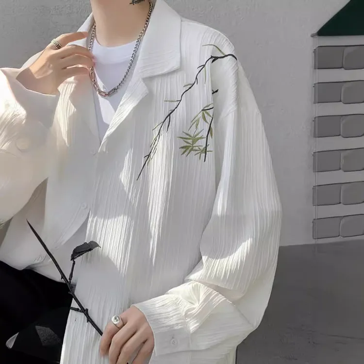 春秋季新款韩版潮流刺绣长袖衬衫男士宽松休闲百搭衬衣外套上衣服