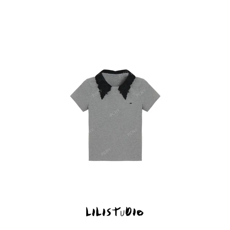 PCNY「漫度周末」不理理夏季新款小众女装洋气减龄蕾丝POLO领短袖女