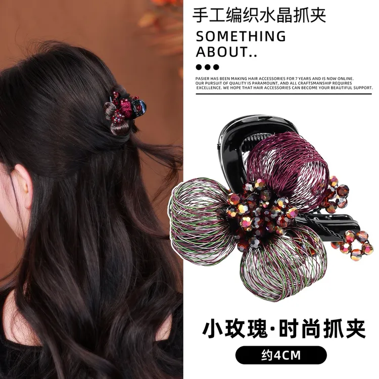 高级感新中式水晶玫瑰发夹网红高端铜丝拉花抓夹后脑勺半扎发头饰