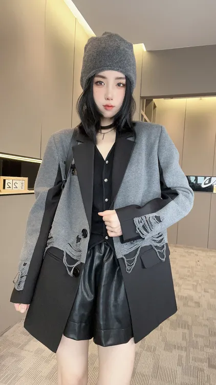 外套女2025秋季新款宽松百搭破洞针织拼接西装翻领西服长袖上衣