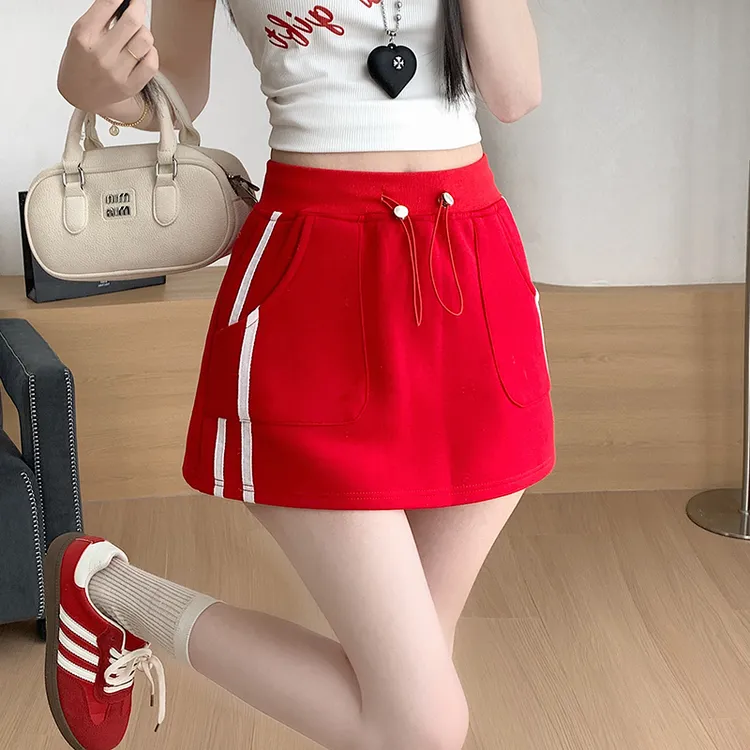 美式红色运动半身裙女夏季辣妹包臀卫裙小个子高腰显瘦A字短裙裤