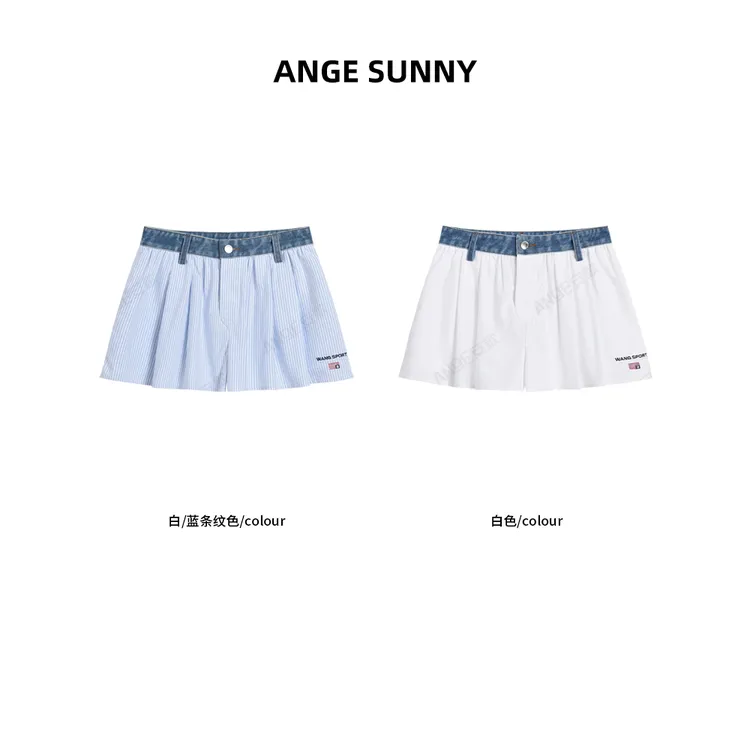 ANGE SUNNY【专属推荐】刺绣拼接短裤 牛仔布腰身字母刺绣平角短裤