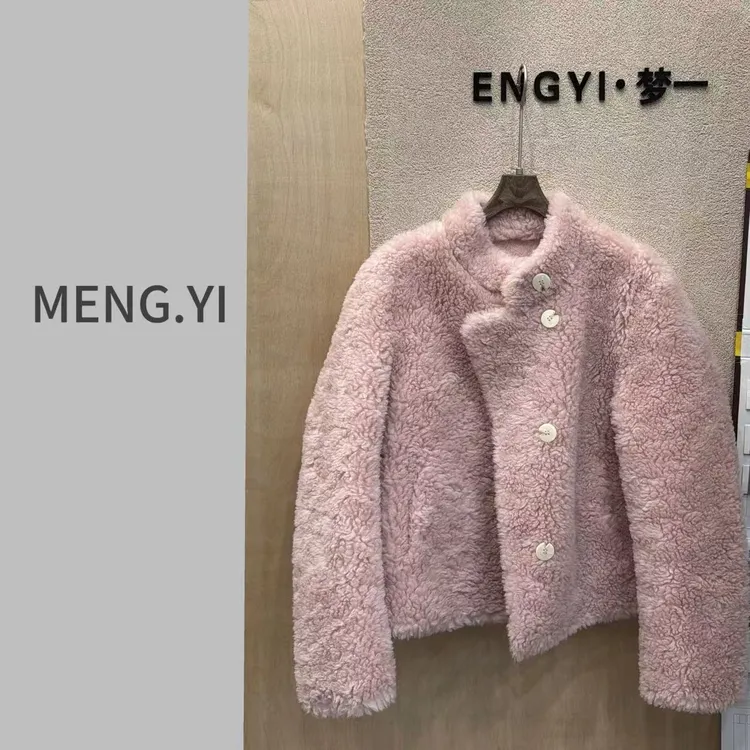MENG.YI全羊毛定制粉毛毛外套5428-1