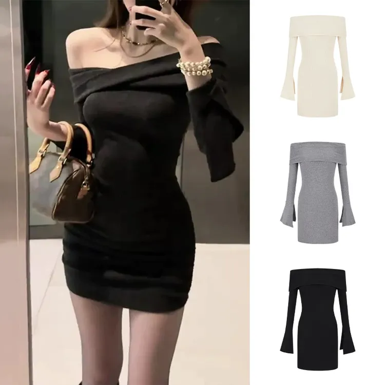 Moses Queen/魔西女王堆堆领纯欲斜肩包臀裙气质名媛辣妹连衣裙