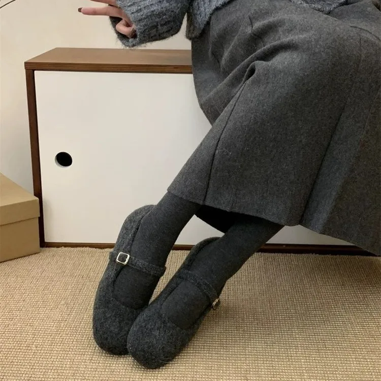内增高玛丽珍鞋2025秋冬季复古方头加绒保暖一字扣仙女风毛毛单鞋