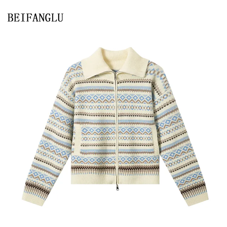 北方鹿【费尔岛提花开衫】100绵羊毛翻领双拉链宽松针织上衣 251497