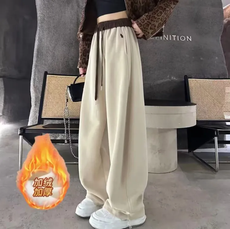 (加长款加绒加厚)刺绣拼色高腰束脚阔腿卫裤一裤两穿拖地裤8125#