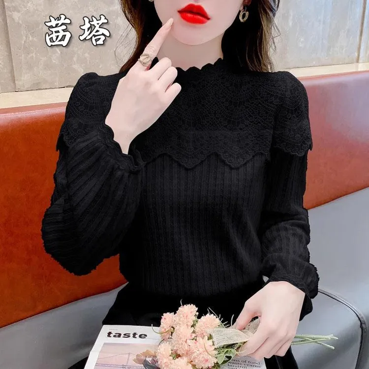 高级感2025冬季新款百搭蕾丝拼接立领长袖加绒打底衬衫女甜美上衣