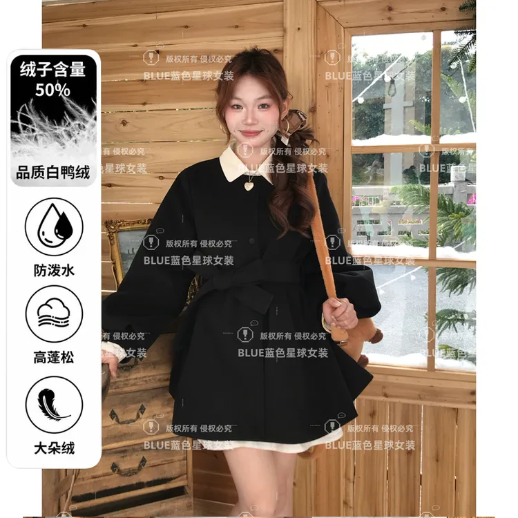 【白鸭绒】圆领灯笼袖羽绒外套2025冬装韩系好看小个子系带保暖显瘦