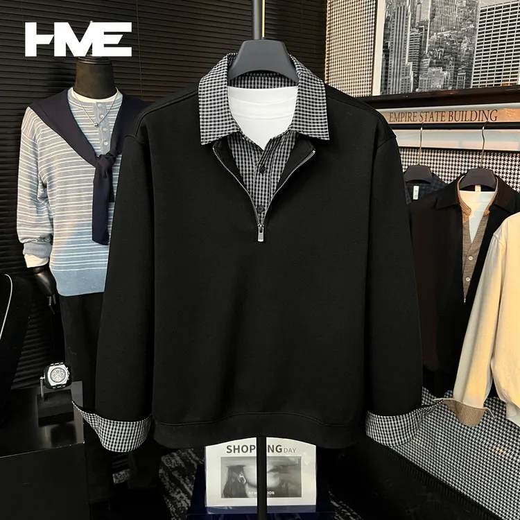 【断码五折】【空气层千鸟格假两件】新贵拼接拉链撞色层次感POLO衫