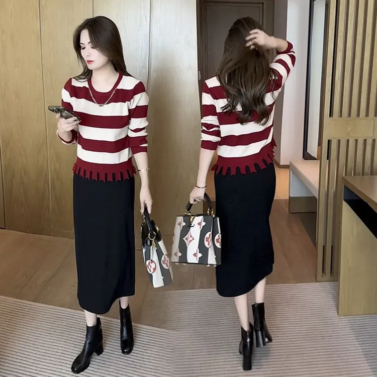 针织秋冬裙新款长袖毛衣打底衫上衣2025女装两件套装裙子洋气半身