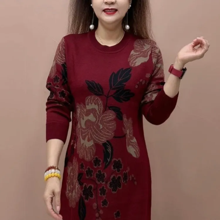 秋季气质潮流圆领新款妈妈中长款毛衣打底裙子设计感高档显瘦毛衣
