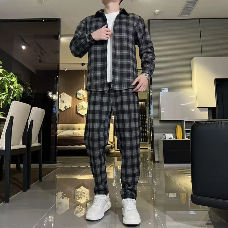 冬季加绒加厚男士格子休闲套装宽松长袖衬衫小直筒裤时尚两件套