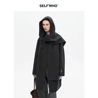 SELFWHO绵羊毛混纺拆卸连帽双面呢外套女25冬新款双排扣毛呢大衣
