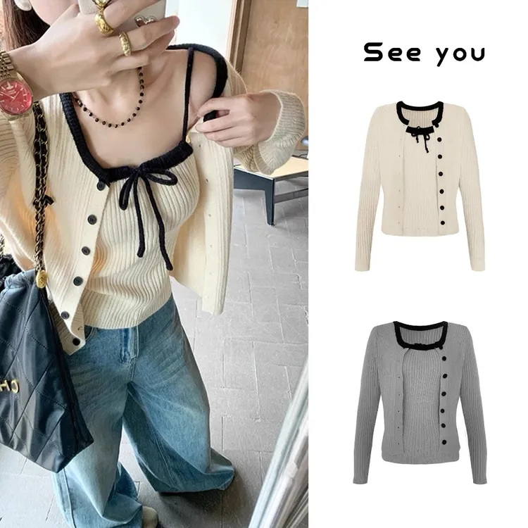 韩系针织开衫配吊带上衣套装秋季毛衣外套蝴蝶结吊带L1471+L1472