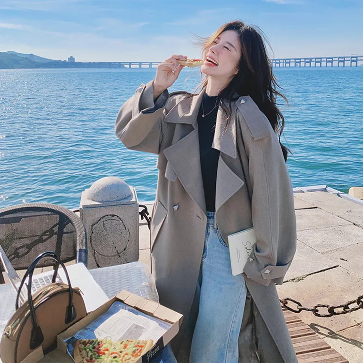 灰色小个子风衣外套女长款2025春秋季新款韩系英伦风气质流行大衣