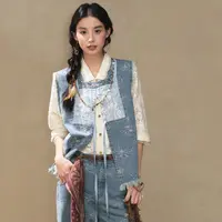 七月夕【花漾】汉服蕾丝内搭白衬衫提花牛仔马甲破洞牛仔裤国风套装
