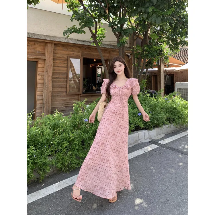 大码夏装法式气质高腰显瘦扎染粉色波点中长款连衣裙女