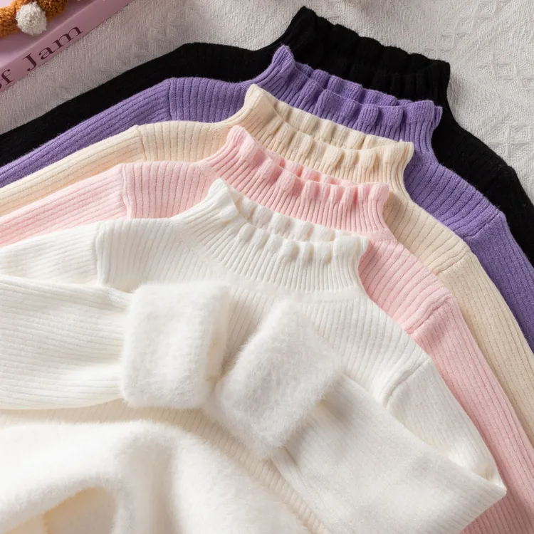 【一体绒】女童毛衣2025冬季新款童装加绒打底衫花边领加厚针织衫