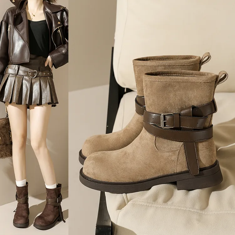【超火爆】舒适软糯亚丁靴复古绒面皮带扣厚底马丁堆堆短靴女西部靴
